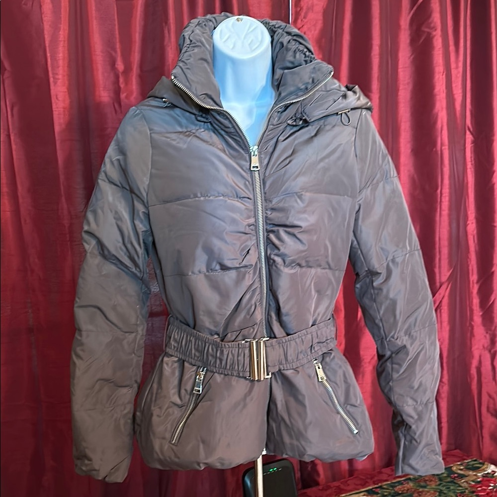 Bebe Gray Puffer Jacket with Belted Waist and Hood